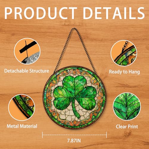 Irish Green Shamrock Sun Catcher - Stained Glass Window Hanging, Lucky Clover Decor - 7.8 Inch - Variation: Shamrock