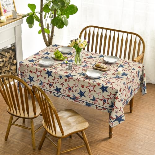 Horaldaily 4th of July Patriotic Tablecloth 60 x 120 Inch Rectangular Blue - Beige Variation