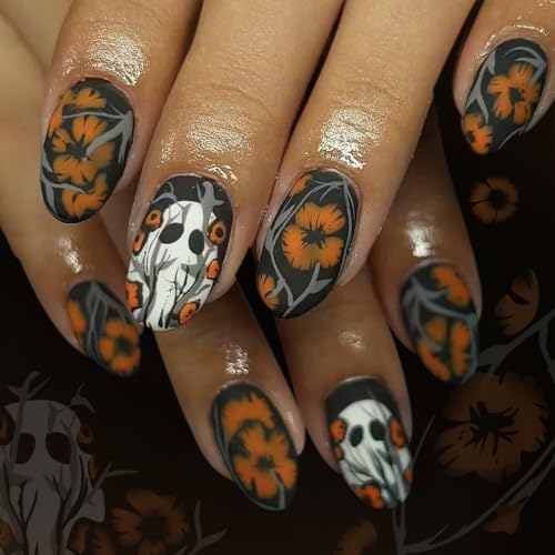 Halloween Press On Nails Almond with Ghost, Spider Web, Pumpkin, Bat & Flower - Style 26