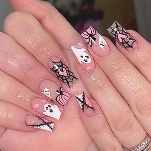 Halloween Press On Nails Set - Medium Coffin Fake Nails with Ghost & Pumpkin Design, 14 Styles