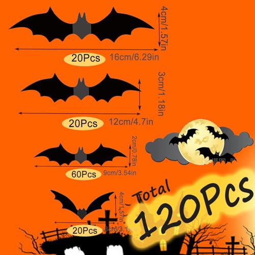 120 Pcs Halloween Bat Wall Decals Waterproof 3D Decorations for Home & Party