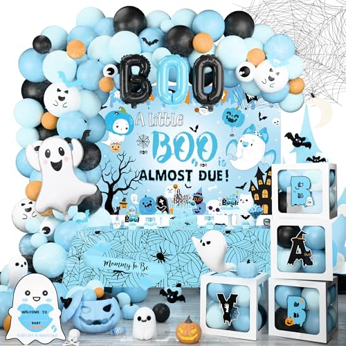 Halloween Baby Shower Decorations Boy - Blue & Black Party Set with Balloons, Backdrop & Cake Toppers