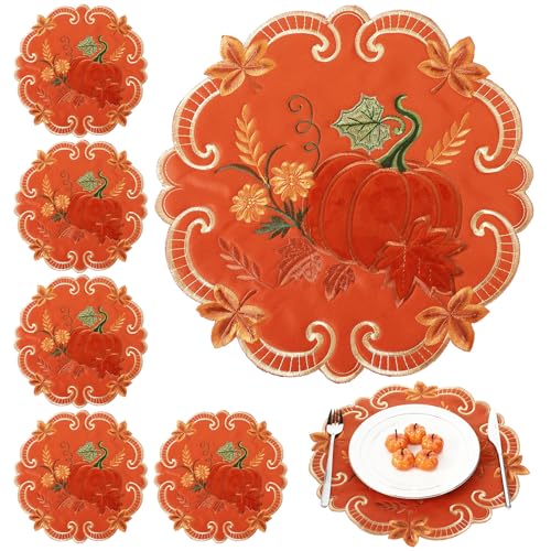 Fall Pumpkin Placemats Set - Velvet Thanksgiving Table Decor, 6 Pieces, Orange