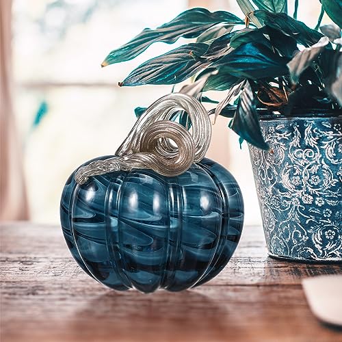 Blue Glass Pumpkin Decor for Fall Halloween Thanksgiving Table Centerpiece - Farmhouse Style