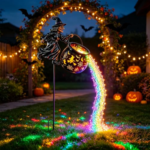Outdoor Witch Cauldron Halloween Garden Light with Cascading Rainbow LEDs