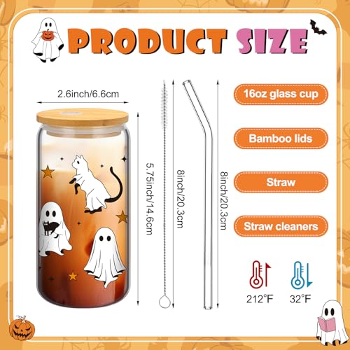 Multicolor Halloween Ghost Glasses Cups - 12 Pack 16 oz Bulk Drinkware with Lids & Straws