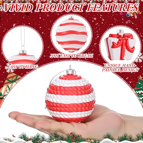 Red and White Christmas Ornaments Set - Candy Cane Holiday Decorations, Hand Painted, Shatterproof Plastic, 48 Pieces