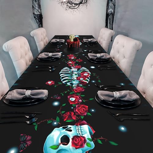 Gothic Halloween Tablecloth 9x5 ft Red & Black Rose Skeleton Fabric Cover