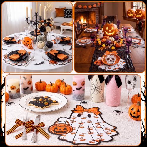 Halloween Ghost Paper Placemat Set - 50 Disposable Orange Pumpkin Table Mats with Bow - Ghost Theme Party Decor