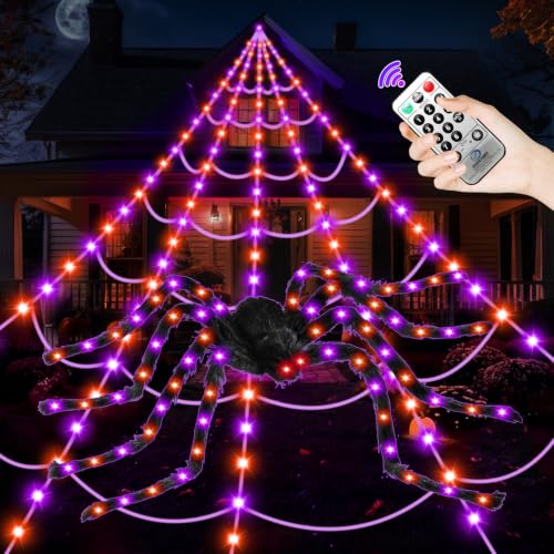 Halloween Outdoor Spider Web Lights with Spider & 8 Modes - Dark Purple & Orange Variation