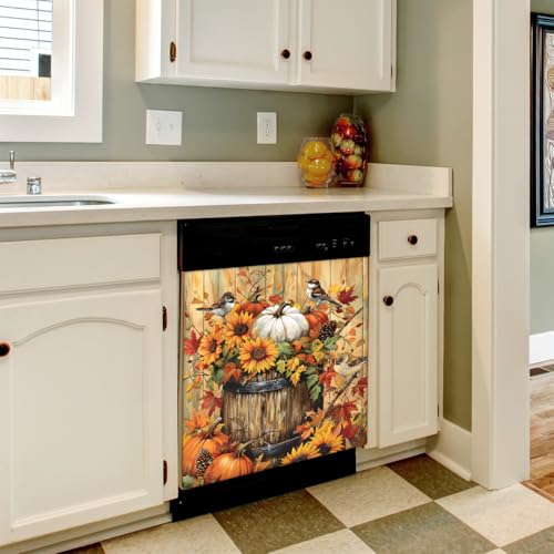 Fall Dishwasher Magnet Cover Front Decoration with Retro Wooden Bird Variation