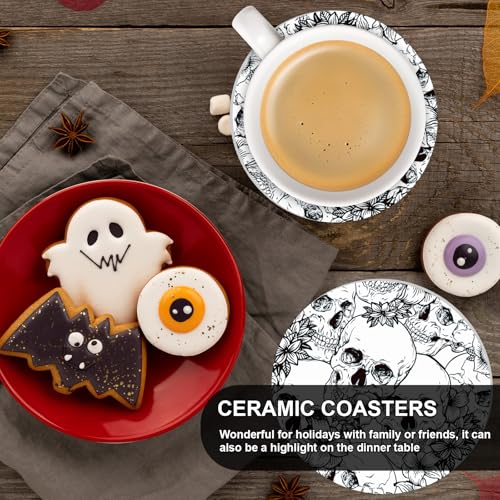 Halloween Ceramic Coasters Set with Iron Holder Skull & Floral Design
