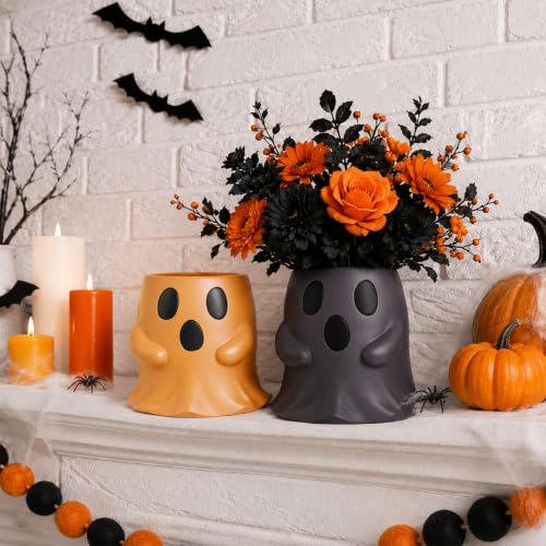 Halloween Ghost Buckets - Terracotta & Black Decor, 6 Inch, Set of 2