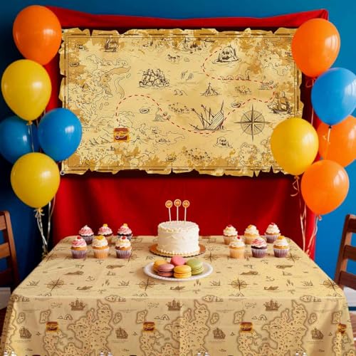 Pirate Backdrop Decorations - Treasure Map Photo Booth Background for Parties
