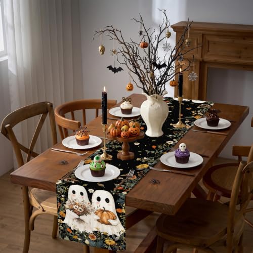Halloween Ghost Table Runner - 13x90 Inches Fall Decor with Pumpkins & Ghosts, Variation of Two Cute Ghosts