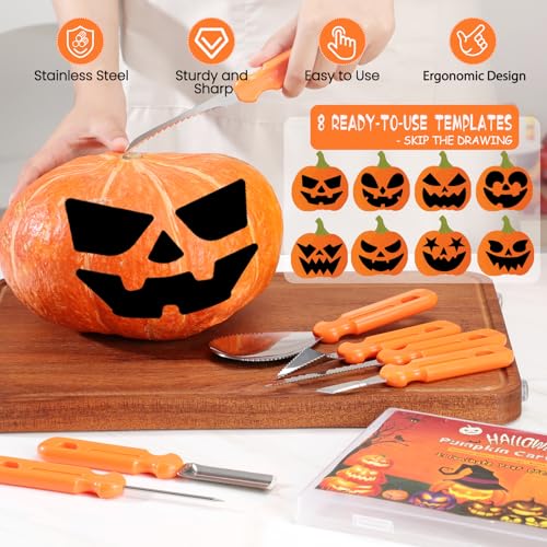 Pumpkin Carving Kit with Stencils - 7 Professional Stainless Steel Tools & Storage Case