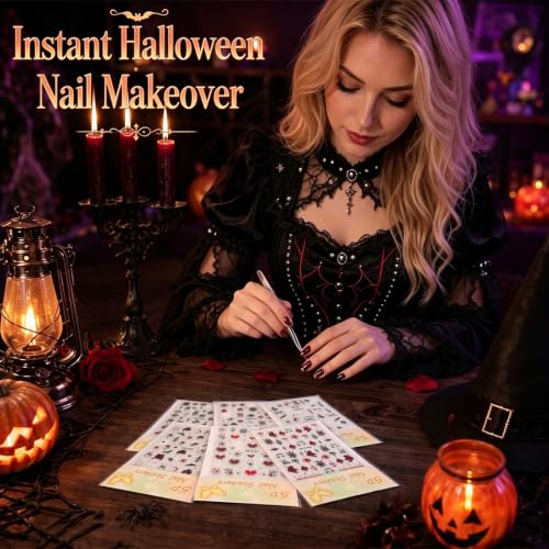 Halloween Nail Stickers - Creepy Horror Nail Decals with Glitter - Demon Night Variation