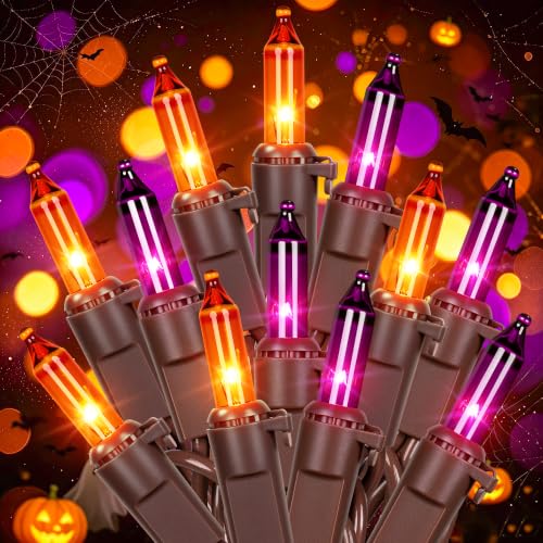 Halloween String Lights 13FT 50 Count Orange & Purple Lights - Brown Wire, Connectable, Waterproof, Festive Decor