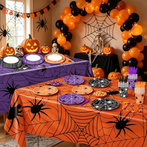 Halloween Spider Web Party Tableware Set for 24 Guests - Plates, Napkins, Cups, Forks & Tablecloths