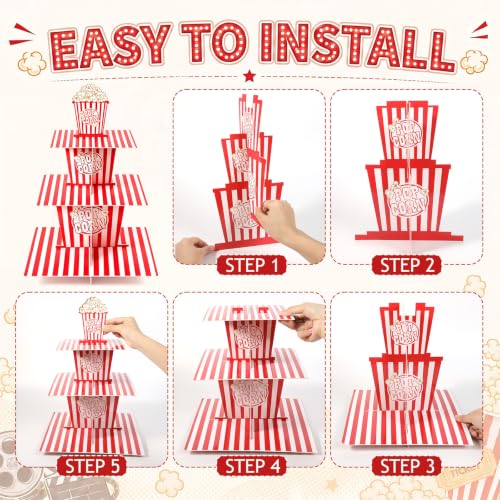 3-Tier Popcorn Cupcake Stand for Movie Night & Party Decorations - Red & White
