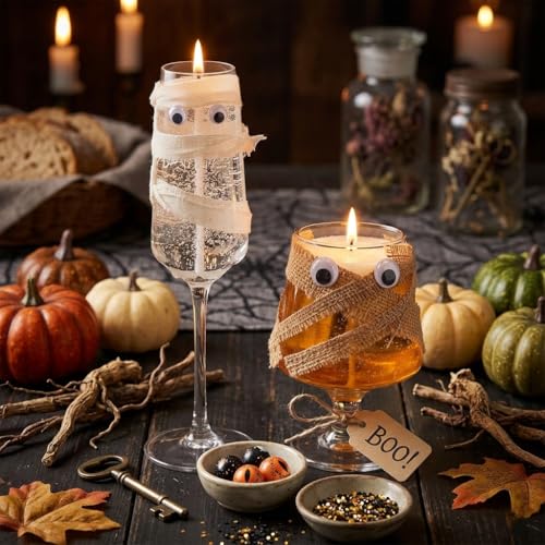 Halloween Mummy Candle Holders Set - Glass Wine & Goblet Decor for Parties