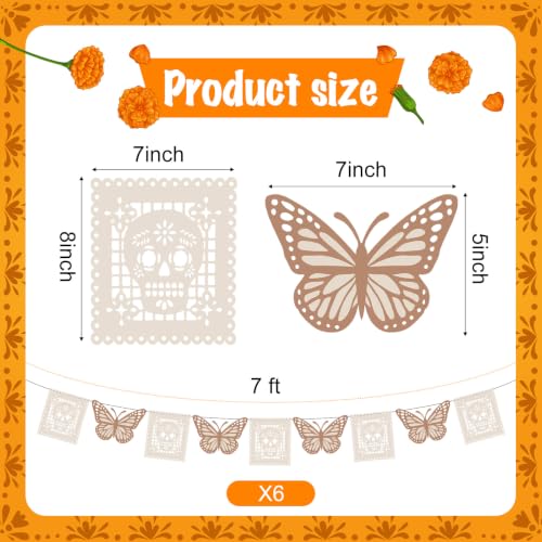 White Papel Picado Banner for Day of the Dead Decorations - 6 Pack, 7 ft