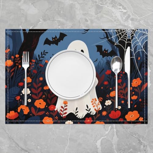 Halloween Ghost Placemats Set of 4 - Watercolor Flower Leaves & Bats, Kids & Kids Girls, Color 05, 12x18 inches