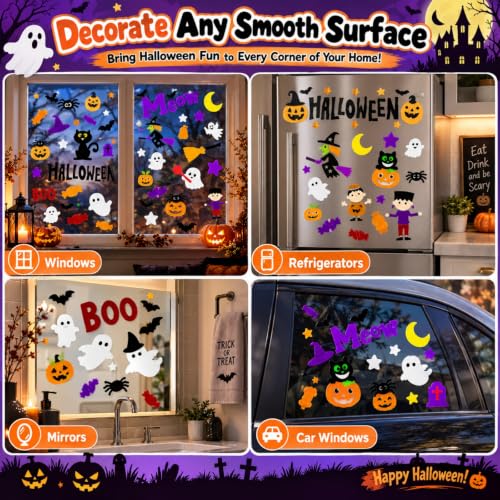 Halloween Window Gel Clings Set - Witch & Black Cat Decorations for Glass
