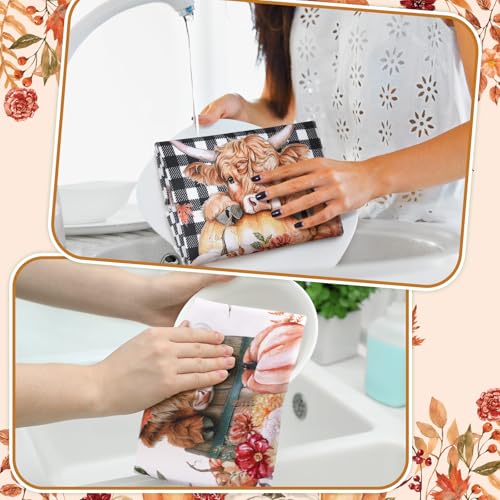 Preboun Highland Cow Kitchen Towels Set - Fall Plaid Dish Towels, Black / Grid, 6 pcs