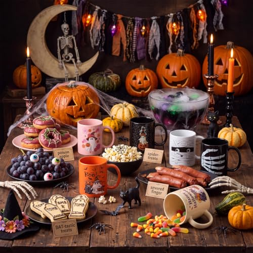 Halloween Ghost Ceramic Coffee Mug Set - 8 Pcs, 12 oz, Handle, Holiday Decor