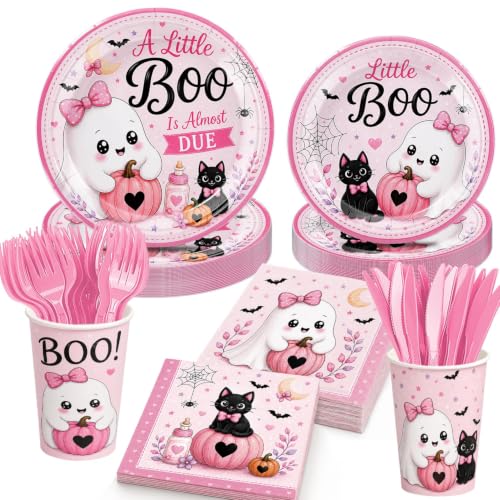 Halloween Baby Shower Decorations Set with Plates Cups Napkins and Utensils - Pink & Spooky Theme