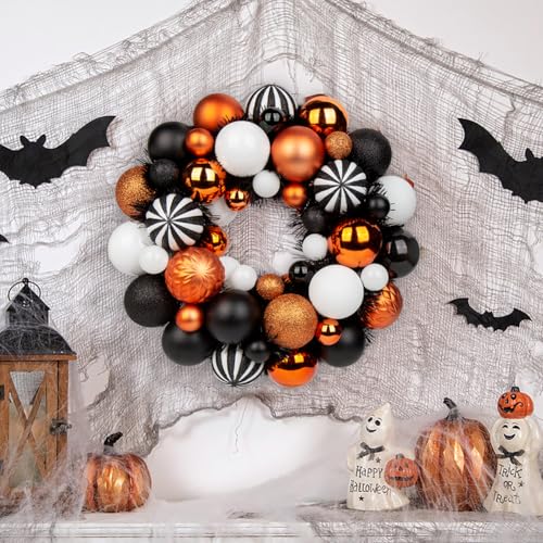 Halloween Ball Wreath 13 Inch Xmas Holiday Door Wall Decor Glitter Ornaments, White Black Orange