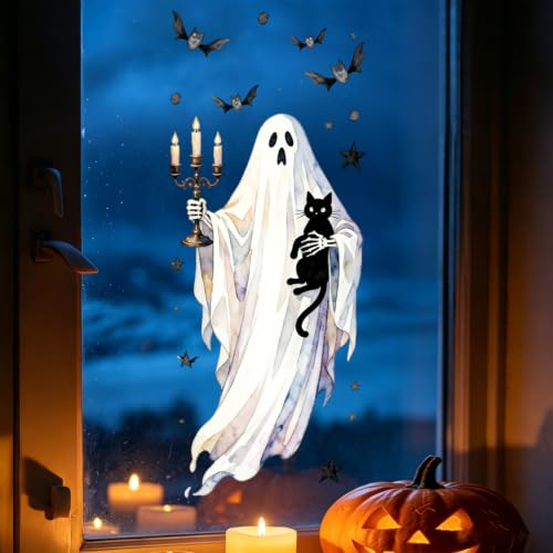 Halloween Window Clings - Large Cat Ghost Spooky Stickers, 1 Sheet - Halloween Style 17