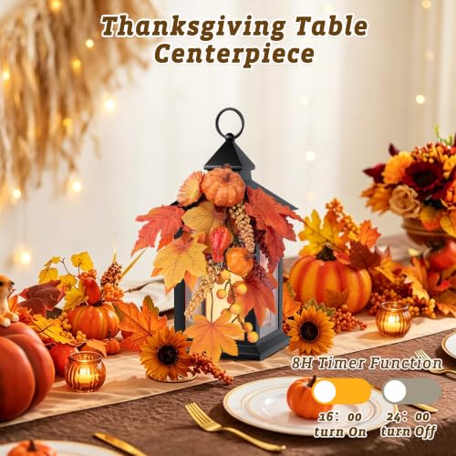 Fall Lanterns Decorative Indoor & Outdoor 14-Inch Black Set with Flameless Candles - 2 Pack