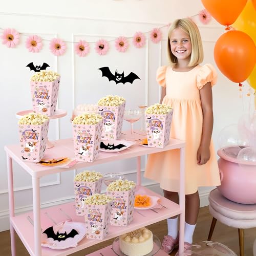 Pink Ghost Halloween Popcorn Boxes - Party Favor Goodie Bags (12 Pack)