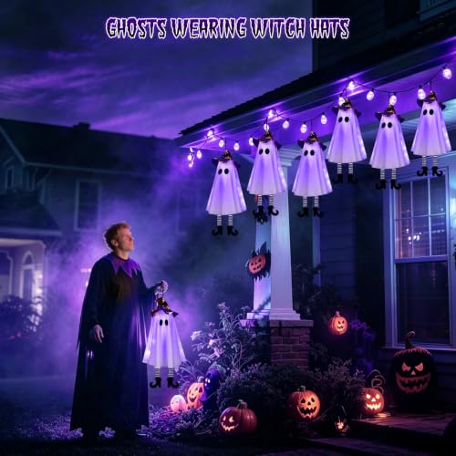 Halloween Ghost Decorations Outdoor Indoor Purple Set with Witch Hat & 3 Light Modes - Hanging Spooky Decor with DIY Arms