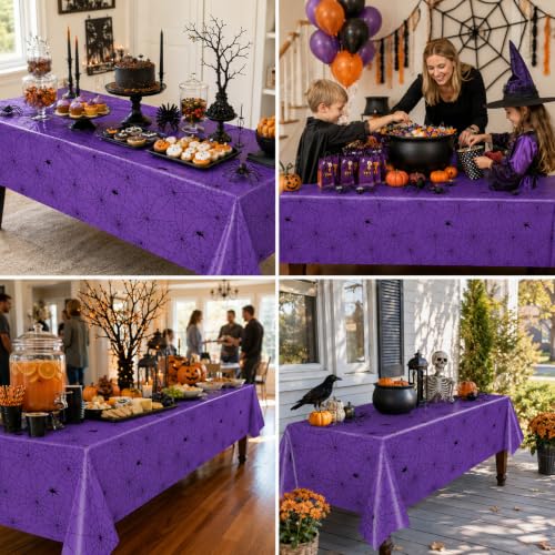 Purple Spider Web Halloween Plastic Tablecloths - Pack of 3, 54x108 Inches