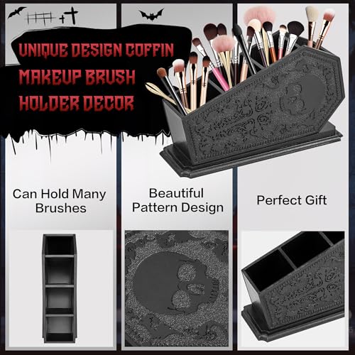 Gothic Coffin Makeup Brush Holder - Black Skull Pen Organizer for Vanity & Desk