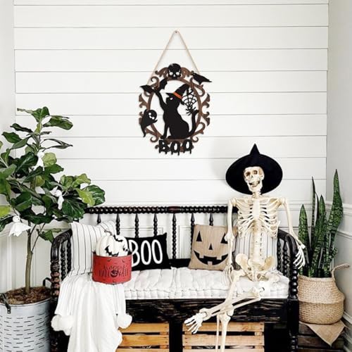 Halloween Black Cat Wooden Sign - Spooky Ghost & BOO Decor - 9x11 Inch Halloween Wall Hanging - Holiday Home Wreath & Porch Sign - Variation: Halloween