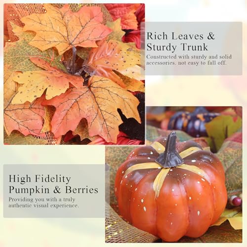 Fall Garland for Mantle - 6FT Autumn Leaves Pumpkin & Berries Garland with Ribbon - HM5594