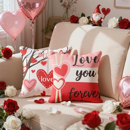 Red Valentine's Day Pillow Covers 18x18 Inch Heart Throw Pillow Cases - Indoor Outdoor Decor