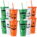 Halloween Plastic Tumblers Set with Lids and Straws - 12 Pack, 24oz, Spooky Pumpkin Design