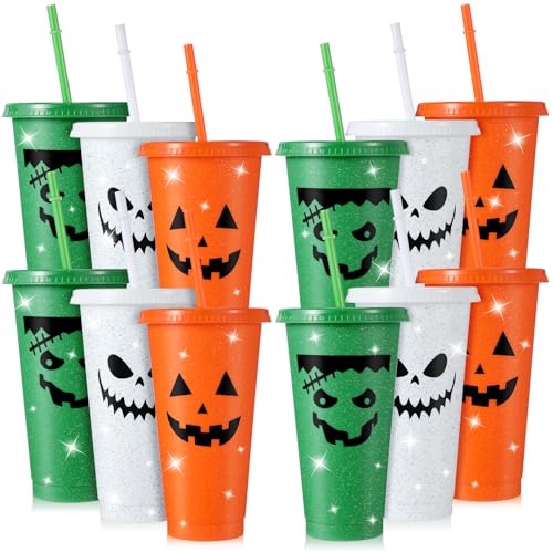 Halloween Plastic Tumblers Set with Lids and Straws - 12 Pack, 24oz, Spooky Pumpkin Design