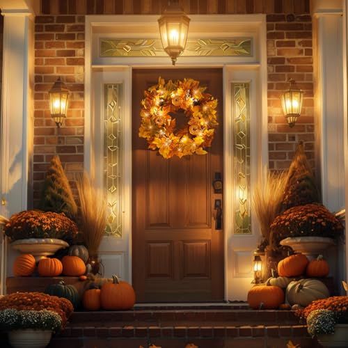 Orange Fall Wreath with Lights for Front Door - Autumn Decor, Berries & Pine Cones
