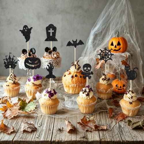 Halloween Cupcake Toppers - 30 Pcs Black Glitter Cake Decorations - Variation of THIS listing