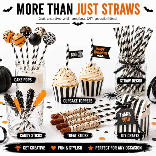 Black and White Striped Paper Straws - 100 Pack, 7.75 Inch Disposable Drinking Straws, Party & Event Use