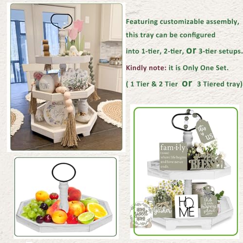 Hexagonal White 3-Tiered Farmhouse Serving Tray Stand - Decorative Wooden Cupcake Display