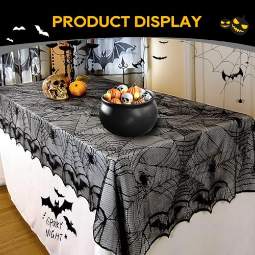 Halloween Spider Web Tablecloth & Creepy Gauze Cloth Set with Bat Wall Decals
