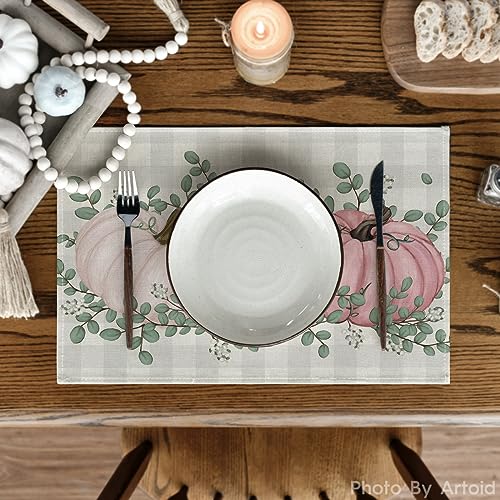 Pink Pumpkin Eucalyptus Fall Placemats Set of 4 - 12 x 18 Inch Rectangular