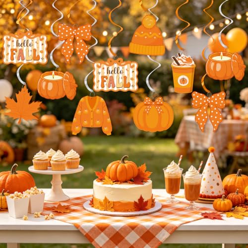 Fall Hanging Swirls Decorations - Pumpkin, Maple Leaf & Hello Fall Banner Set